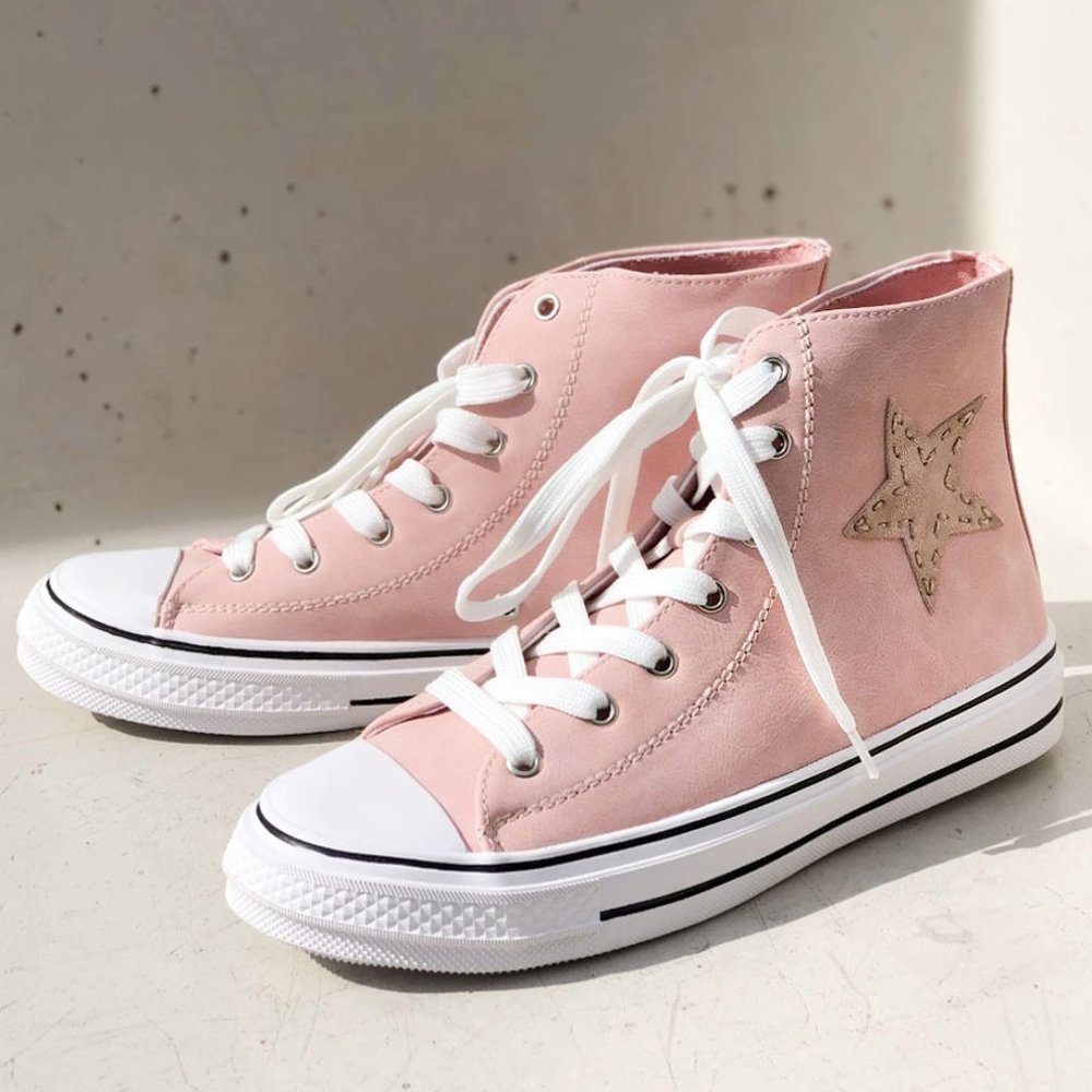 NEW High Top Faux Leather Stitch Star Patch Casual Sneakers Shoes Mauve Pink